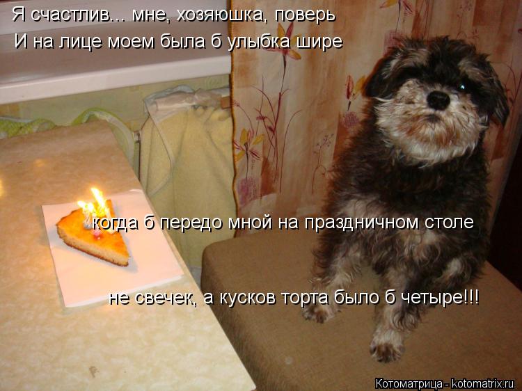 Я счастлив... мне, хозяюшка, поверь И на лице моем была б улыбка шире когда б передо мной на празднич... Котоматрица: Я счастлив... мне, хозяюшка, поверь И на лице моем была б улыбка шире когда б передо мной на праздничном столе не свечек, а кусков торта было б