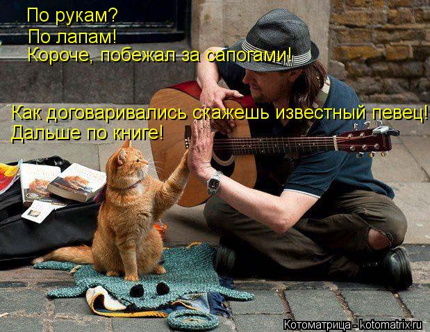 По рукам? По лапам! Короче, побежал за сапогами! Как договаривались скажешь известный певец! Дальше п... Котоматрица: По рукам? По лапам! Короче, побежал за сапогами! Как договаривались скажешь известный певец! Дальше по книге!