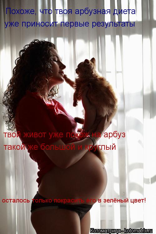 Похоже, что твоя арбузная диета уже приносит первые результаты твой живот уже похож на арбуз такой же... Котоматрица: Похоже, что твоя арбузная диета уже приносит первые результаты твой живот уже похож на арбуз такой же большой и круглый осталось только пок