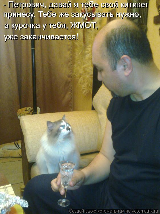- Петрович, давай я тебе свой китикет принесу. Тебе же закусывать нужно, а курочка у тебя, ЖМОТ, уже ... Котоматрица: - Петрович, давай я тебе свой китикет принесу. Тебе же закусывать нужно, а курочка у тебя, ЖМОТ, уже заканчивается!