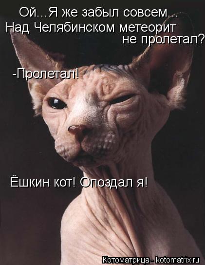 Ой...Я же забыл совсем... Над Челябинском метеорит не пролетал? -Пролетал! Ёшкин кот! Опоздал я!... Котоматрица: Ой...Я же забыл совсем... Над Челябинском метеорит не пролетал? -Пролетал! Ёшкин кот! Опоздал я!