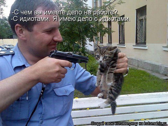 Котоматрица: -С идиотами. Я имею дело с идиотами. -С чем вы имеете дело на работе?