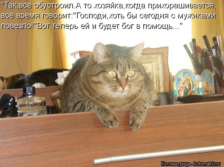 "Так,всё обустроил.А то хозяйка,когда прихорашивается, всё время говорит:"Господи,хоть бы сегодня с м... Котоматрица: "Так,всё обустроил.А то хозяйка,когда прихорашивается, всё время говорит:"Господи,хоть бы сегодня с мужиками повезло!"Вот теперь ей и будет б