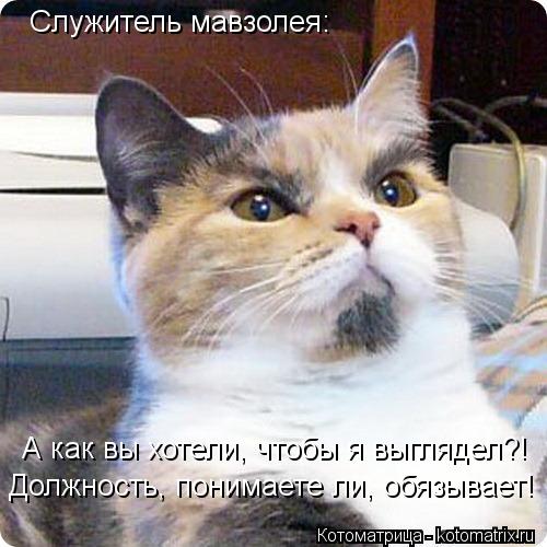 Служитель мавзолея: А как вы хотели, чтобы я выглядел?! Должность, понимаете ли, обязывает!... Котоматрица: Служитель мавзолея: А как вы хотели, чтобы я выглядел?! Должность, понимаете ли, обязывает!