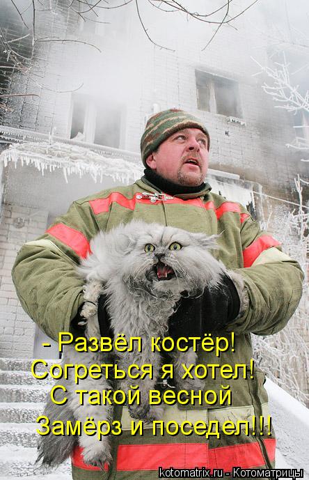 - Развёл костёр! Согреться я хотел! С такой весной Замёрз и поседел!!!... Котоматрица: - Развёл костёр! Согреться я хотел! С такой весной Замёрз и поседел!!!