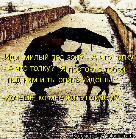 -Иди. милый под зон? - А что толку? Постою я с тобой под ним и ты опять уйдешь! -Если хочешь, ко мне ... Котоматрица: -Иди. милый под зон? - А что толку? Постою я с тобой под ним и ты опять уйдешь! -Если хочешь, ко мне жить пойдем! - А что толку? Я постою с тобой по