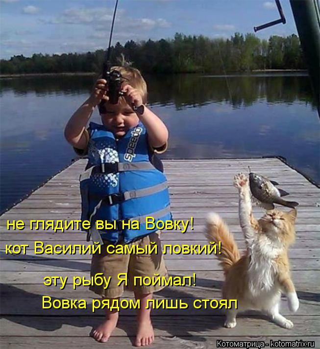 Котоматрица: эту рыбу Я поймал! Вовка рядом лишь стоял не глядите вы на Вовку! кот Василий самый ловкий!