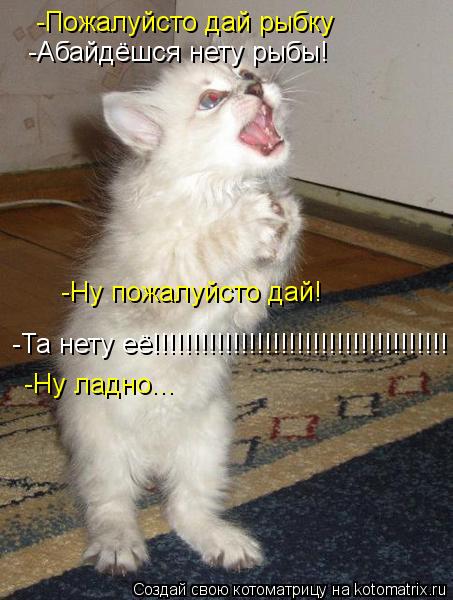 -Пожалуйсто дай рыбку -Абайдёшся нету рыбы! -Ну пожалуйсто дай! -Та нету её!!!!!!!!!!!!!!!!!!!!!!!!!!... Котоматрица: -Пожалуйсто дай рыбку -Абайдёшся нету рыбы! -Ну пожалуйсто дай! -Та нету её!!!!!!!!!!!!!!!!!!!!!!!!!!!!!!!!!!!!! -Ну ладно...