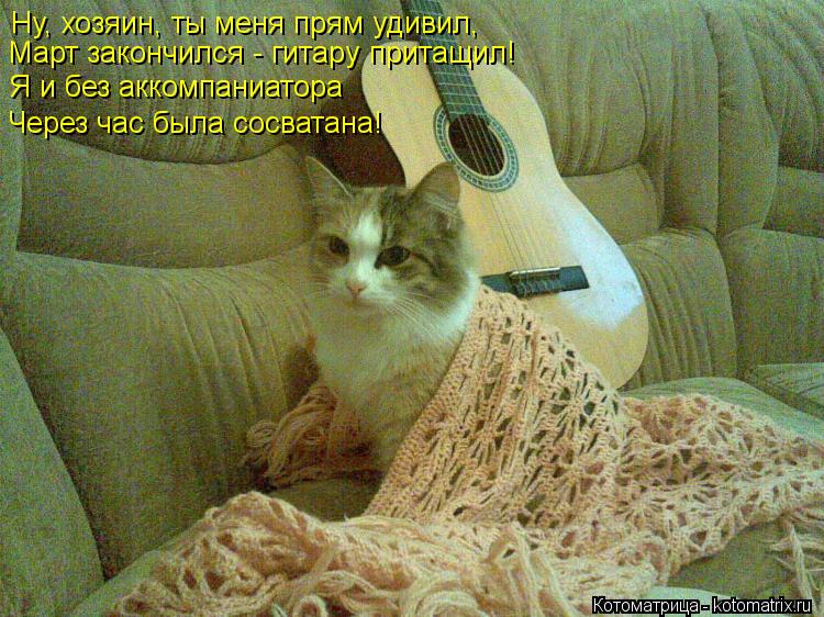 Ну, хозяин, ты меня прям удивил, Ну, хозяин, ты меня прям удивил, Март закончился - гитару притащил! ... Котоматрица: Ну, хозяин, ты меня прям удивил, Ну, хозяин, ты меня прям удивил, Март закончился - гитару притащил! Я и без аккомпаниатора Через час была сосв