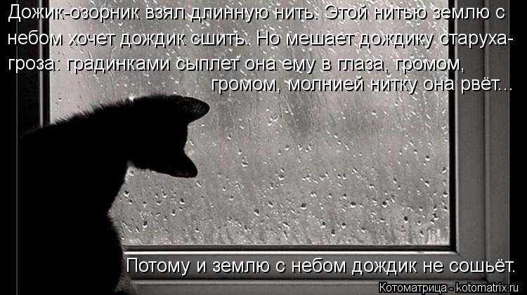 Дожик-озорник взял длинную нить. Этой нитью землю с небом хочет дождик сшить. Но мешает дождику стару... Котоматрица: Дожик-озорник взял длинную нить. Этой нитью землю с небом хочет дождик сшить. Но мешает дождику старуха- гроза: градинками сыплет она ему в г