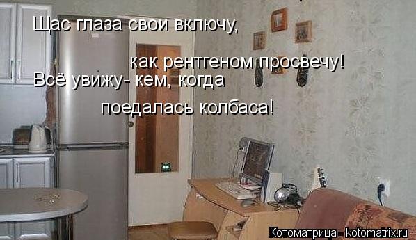 Щас глаза свои включу, как рентгеном просвечу! Всё увижу- кем, когда поедалась колбаса!... Котоматрица: Щас глаза свои включу, как рентгеном просвечу! Всё увижу- кем, когда поедалась колбаса!