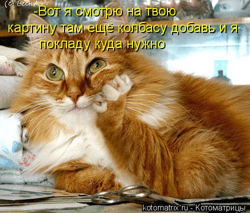 Котоматрица: -Вот я смотрю на твою картину там ещё колбасу добавь и я покладу куда нужно