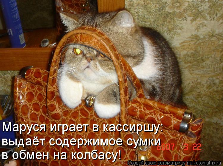 Маруся играет в кассиршу: выдаёт содержимое сумки в обмен на колбасу!... Котоматрица: Маруся играет в кассиршу: выдаёт содержимое сумки в обмен на колбасу!