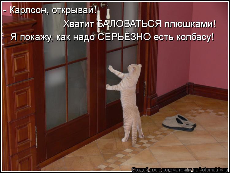 - Карлсон, открывай! Хватит БАЛОВАТЬСЯ плюшками! Я покажу, как надо СЕРЬЁЗНО есть колбасу!... Котоматрица: - Карлсон, открывай! Хватит БАЛОВАТЬСЯ плюшками! Я покажу, как надо СЕРЬЁЗНО есть колбасу!