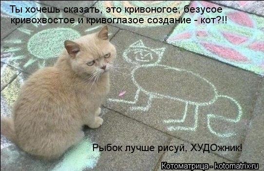 Ты хочешь сказать, это кривоногое, безусое кривохвостое и кривоглазое создание - кот?!! Рыбок лучше р... Котоматрица: Ты хочешь сказать, это кривоногое, безусое кривохвостое и кривоглазое создание - кот?!! Рыбок лучше рисуй, ХУДОжник!