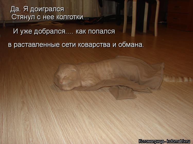 Да. Я доигрался Стянул с нее колготки... И уже добрался.... как попался в раставленные сети коварств... Котоматрица: Да. Я доигрался Стянул с нее колготки... И уже добрался.... как попался в раставленные сети коварства и обмана.