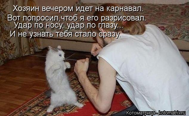 Хозяин вечером идет на карнавал. Вот попросил,чтоб я его разрисовал. Удар по носу, удар по глазу... И... Котоматрица: Хозяин вечером идет на карнавал. Вот попросил,чтоб я его разрисовал. Удар по носу, удар по глазу... И не узнать тебя стало сразу.