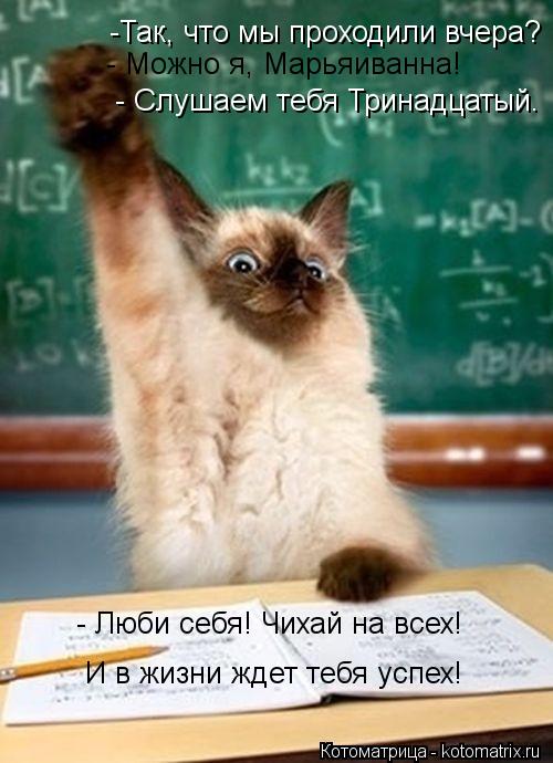 -Так, что мы проходили вчера? - Слушаем тебя Тринадцатый. - Люби себя! Чихай на всех! И в жизни ждет ... Котоматрица: -Так, что мы проходили вчера? - Слушаем тебя Тринадцатый. - Люби себя! Чихай на всех! И в жизни ждет тебя успех! - Можно я, Марьяиванна!