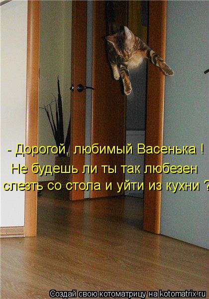 - Дорогой, любимый Васенька ! Не будешь ли ты так любезен слезть со стола и уйти из кухни ?...... Котоматрица: - Дорогой, любимый Васенька ! Не будешь ли ты так любезен слезть со стола и уйти из кухни ?...