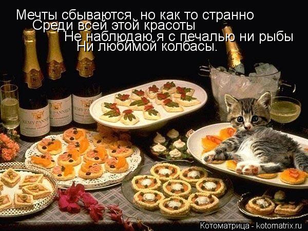 Мечты сбываются, но как то странно Среди всей этой красоты Не наблюдаю я с печалью ни рыбы Ни любимой... Котоматрица: Мечты сбываются, но как то странно Среди всей этой красоты Не наблюдаю я с печалью ни рыбы Ни любимой колбасы.