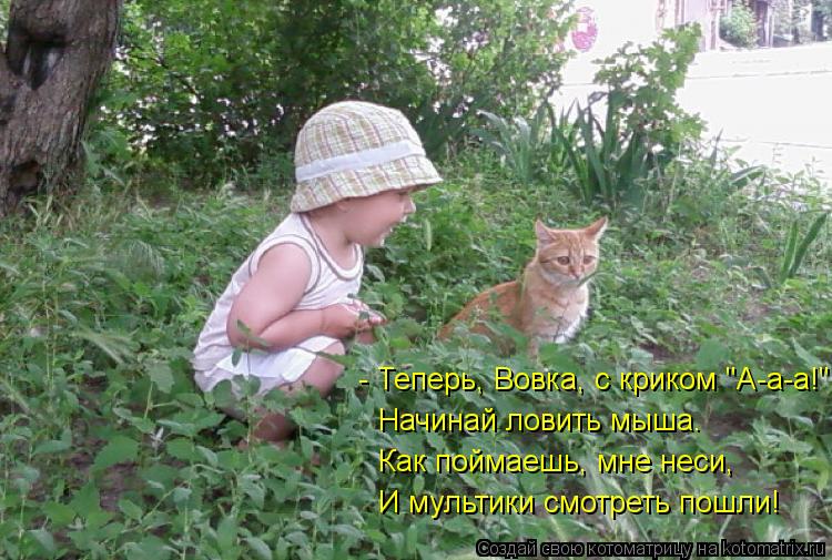 Котоматрица: - Теперь, Вовка, с криком "А-а-а!" Начинай ловить мыша. Как поймаешь, мне неси,  И мультики смотреть пошли!