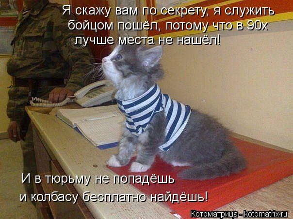 Я скажу вам по секрету, я служить бойцом пошёл, потому что в 90х лучше места не нашёл! И в тюрьму не ... Котоматрица: Я скажу вам по секрету, я служить бойцом пошёл, потому что в 90х лучше места не нашёл! И в тюрьму не попадёшь и колбасу бесплатно найдёшь!