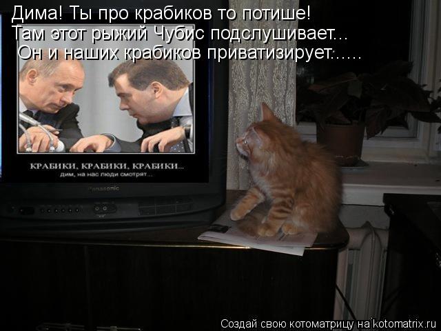 Дима! Ты про крабиков то потише! Там этот рыжий Чубис подслушивает... Он и наших крабиков приватизиру... Котоматрица: Дима! Ты про крабиков то потише! Там этот рыжий Чубис подслушивает... Он и наших крабиков приватизирует......