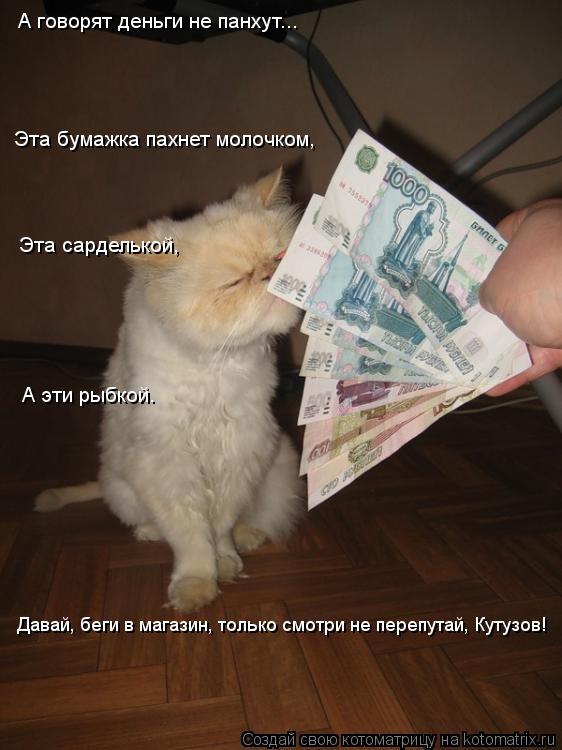 А говорят деньги не панхут... Эта бумажка пахнет молочком, Эта сарделькой, А эти рыбкой. Давай, беги ... Котоматрица: А говорят деньги не панхут... Эта бумажка пахнет молочком, Эта сарделькой, А эти рыбкой. Давай, беги в магазин, только смотри не перепутай, Кут