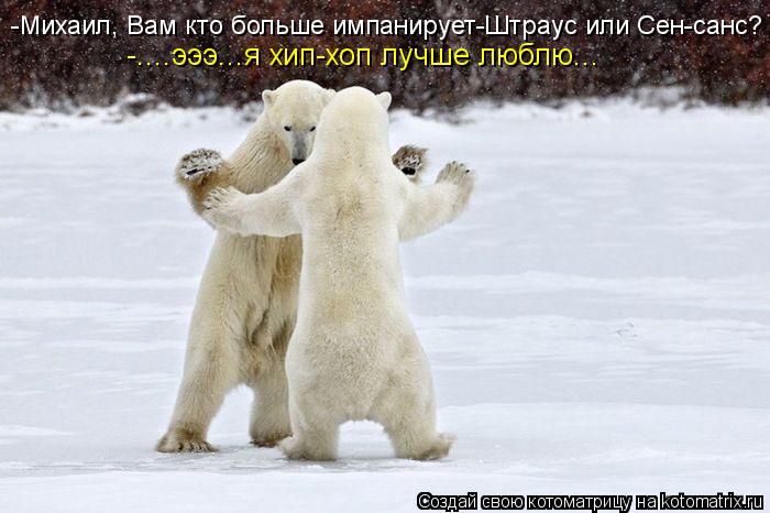 -Михаил, Вам кто больше импанирует-Штраус или Сен-санс? -....эээ...я хип-хоп лучше люблю...... Котоматрица: -Михаил, Вам кто больше импанирует-Штраус или Сен-санс? -....эээ...я хип-хоп лучше люблю...