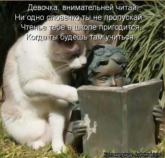 Девочка, внимательней читай, Ни одно словечко ты не пропускай. Чтенье тебе в школе пригодится, Когда ... Котоматрица: Девочка, внимательней читай, Ни одно словечко ты не пропускай. Чтенье тебе в школе пригодится, Когда ты будешь там учиться.
