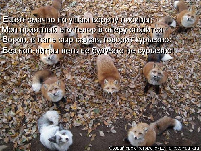 Ездят смачно по ушам ворону лисицы; Мол приятный его тенор в оперу сгодится Без пол-литры петь не буд... Котоматрица: Ездят смачно по ушам ворону лисицы; Мол приятный его тенор в оперу сгодится Без пол-литры петь не буду-это не сурьезно! Ворон, в лапе сыр сажа