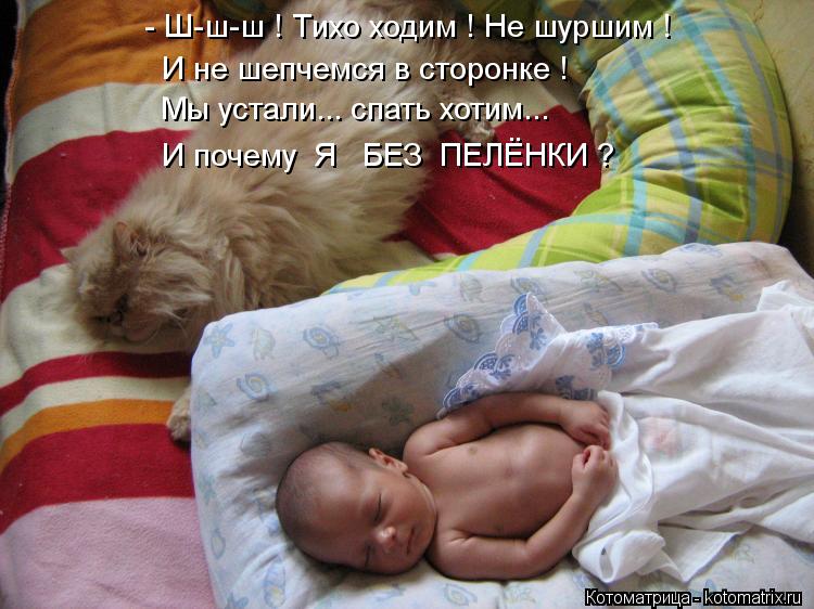 - Ш-ш-ш ! Тихо ходим ! Не шуршим ! И не шепчемся в сторонке ! Мы устали... спать хотим... И почему Я... Котоматрица: - Ш-ш-ш ! Тихо ходим ! Не шуршим ! И не шепчемся в сторонке ! Мы устали... спать хотим... И почему Я БЕЗ ПЕЛЁНКИ ?