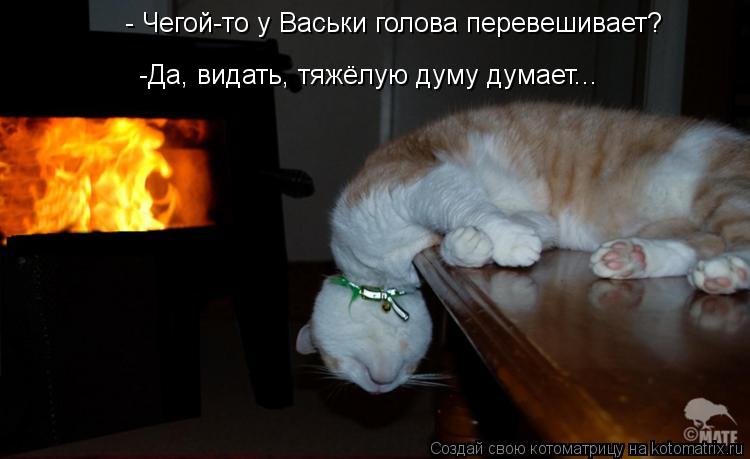 - Чегой-то у Васьки голова перевешивает? -Да, видать, тяжёлую думу думает...... Котоматрица: - Чегой-то у Васьки голова перевешивает? -Да, видать, тяжёлую думу думает...