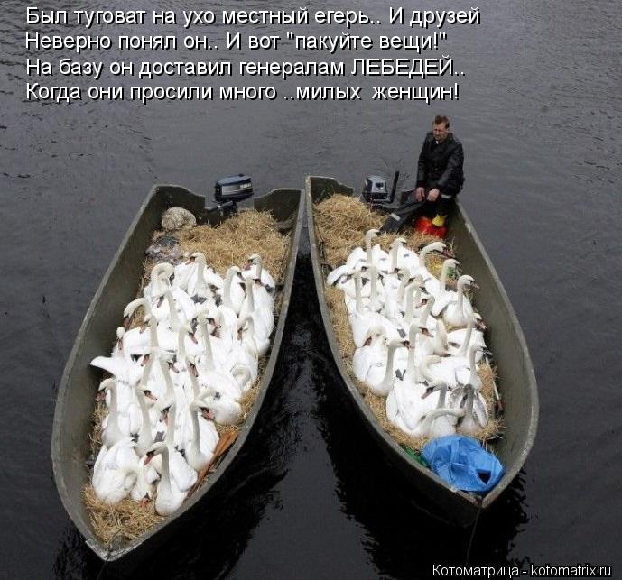 Был туговат на ухо местный егерь.. И друзей Неверно понял он.. И вот "пакуйте вещи!" На базу он доста... Котоматрица: Был туговат на ухо местный егерь.. И друзей Неверно понял он.. И вот "пакуйте вещи!" На базу он доставил генералам ЛЕБЕДЕЙ.. Когда они просили м