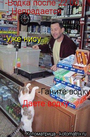 Даете водку -Водка после 22.00. ... - Непрадается -Ганите водку ! -Уже нису...... Котоматрица: Даете водку -Водка после 22.00. ... - Непрадается -Ганите водку ! -Уже нису...