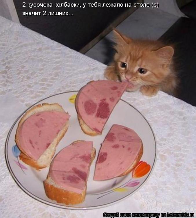 2 кусочека колбаски, у тебя лежало на столе (с) значит 2 лишних...... Котоматрица: 2 кусочека колбаски, у тебя лежало на столе (с) значит 2 лишних...