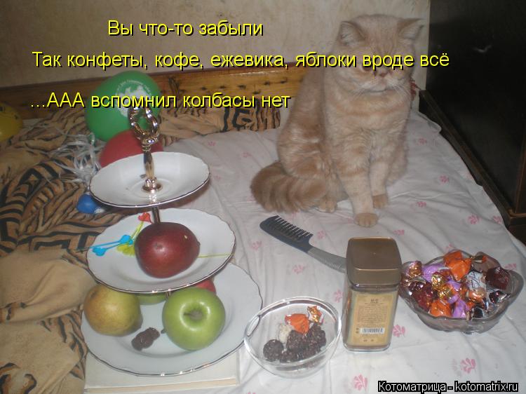 Вы что-то забыли Так конфеты, кофе, ежевика, яблоки вроде всё ...ААА вспомнил колбасы нет... Котоматрица: Вы что-то забыли Так конфеты, кофе, ежевика, яблоки вроде всё ...ААА вспомнил колбасы нет