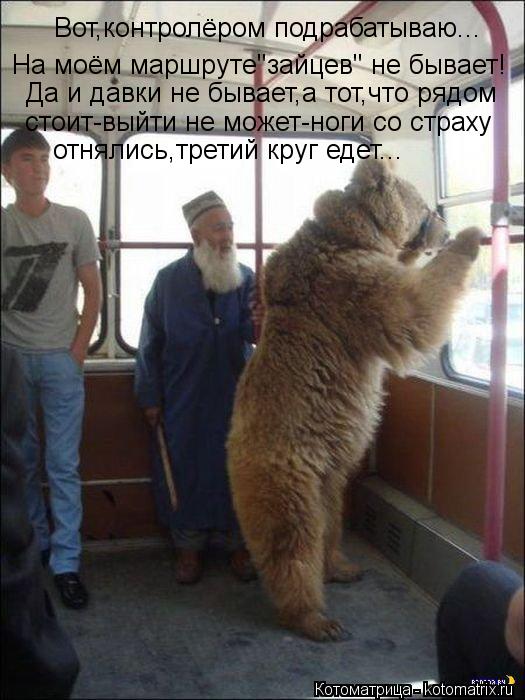 Вот,контролёром подрабатываю... На моём маршруте"зайцев" не бывает! Да и давки не бывает,а тот,что ря... Котоматрица: Вот,контролёром подрабатываю... На моём маршруте"зайцев" не бывает! Да и давки не бывает,а тот,что рядом стоит-выйти не может-ноги со страху