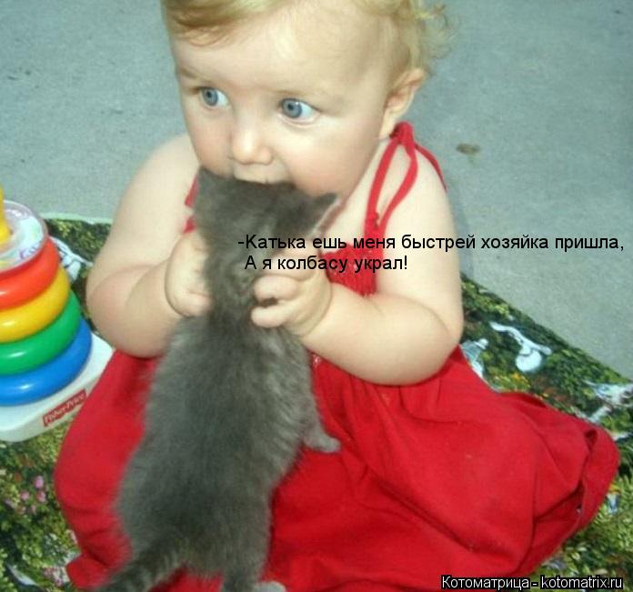 -Kaтька ешь меня быстрей хозяйка пришла, А я колбасу украл!... Котоматрица: -Kaтька ешь меня быстрей хозяйка пришла, А я колбасу украл!