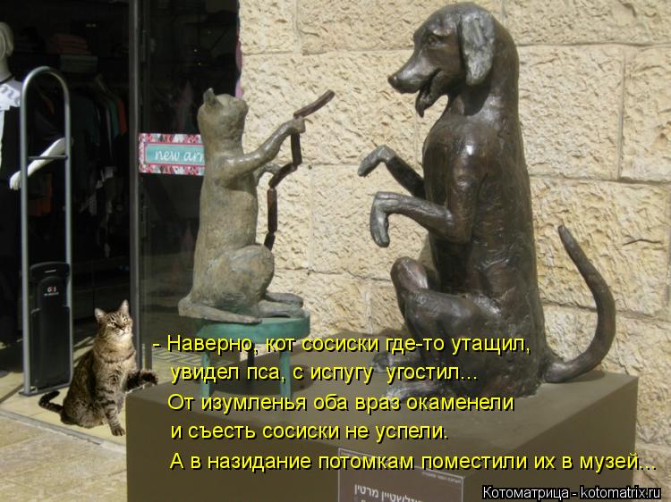 - Наверно, кот сосиски где-то утащил, увидел пса, с испугу угостил... От изумленья оба враз окамене... Котоматрица: - Наверно, кот сосиски где-то утащил, увидел пса, с испугу угостил... От изумленья оба враз окаменели и съесть сосиски не успели. А в назидани