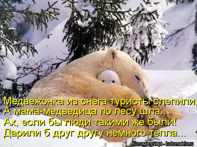 Медвежонка из снега туристы слепили, А мама-медведица по лесу шла... Ах, если бы люди такими же был... Котоматрица: Медвежонка из снега туристы слепили, А мама-медведица по лесу шла... Ах, если бы люди такими же были! Дарили б друг другу немного тепла...