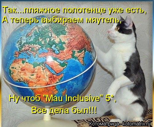Так...пляжное полотенце уже есть, А теперь выбираем мяутель, Ну чтоб "Mau Inclusive" 5*, Все дела бы... Котоматрица: Так...пляжное полотенце уже есть, А теперь выбираем мяутель, Ну чтоб "Mau Inclusive" 5*, Все дела был!!!
