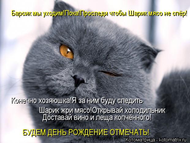 Барсик мы уходим!Пока!Проследи чтобы Шарик мясо не спёр! Конечно хозяюшка!Я за ним буду следить Шарик... Котоматрица: Барсик мы уходим!Пока!Проследи чтобы Шарик мясо не спёр! Конечно хозяюшка!Я за ним буду следить Шарик жри мясо!Открывай холодильник Достав