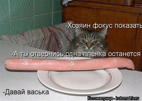 -Хозяин фокус показать? -Давай васька -А ты отвернись одна плёнка останется... Котоматрица: -Хозяин фокус показать? -Давай васька -А ты отвернись одна плёнка останется