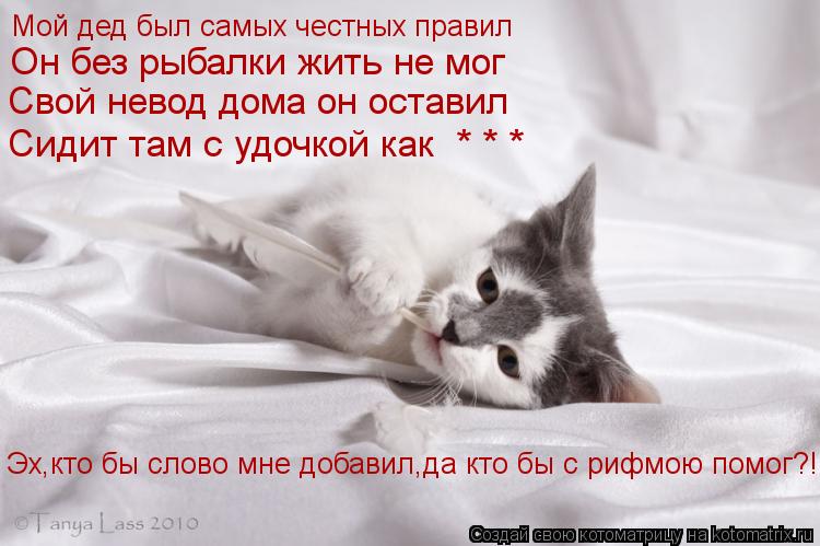 Котоматрица: Мой дед был самых честных правил Он без рыбалки жить не мог Свой невод дома он оставил Сидит там с удочкой как  * * * Эх,кто бы слово мне добави