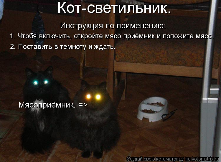 Кот-светильник. Инструкция по применению: 1. Чтобя включить, откройте мясо приёмник и положите мясо. ... Котоматрица: Кот-светильник. Инструкция по применению: 1. Чтобя включить, откройте мясо приёмник и положите мясо. 2. Поставить в темноту и ждать. Мясоприём