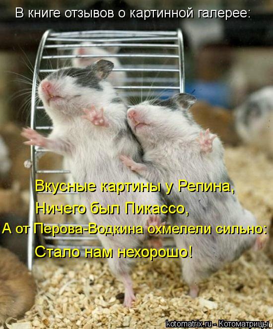 Котоматрица: В книге отзывов о картинной галерее: Ничего был Пикассо, Вкусные картины у Репина, А от Перова-Водкина охмелели сильно: Стало нам нехорошо!