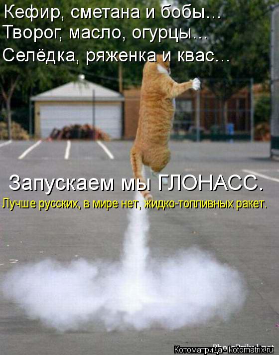 Кефир, сметана и бобы… Селёдка, ряженка и квас… Творог, масло, огурцы… Запускаем мы ГЛОНАСС. Лучше ру... Котоматрица: Кефир, сметана и бобы… Селёдка, ряженка и квас… Творог, масло, огурцы… Запускаем мы ГЛОНАСС. Лучше русских, в мире нет, жидко-топливных раке