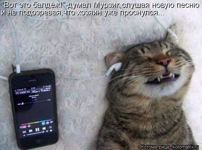 Котоматрица: "Вот это балдёж!"-думал Мурзик,слушая новую песню и не подозревая,что хозяин уже проснулся...