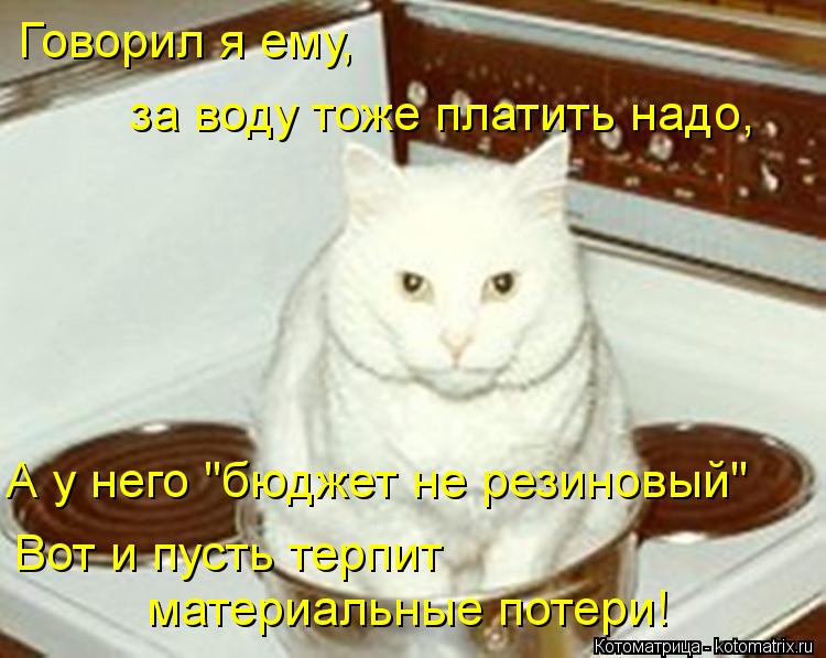 Говорил я ему, за воду тоже платить надо, А у него "бюджет не резиновый" Вот и пусть терпит материал... Котоматрица: Говорил я ему, за воду тоже платить надо, А у него "бюджет не резиновый" Вот и пусть терпит материальные потери!